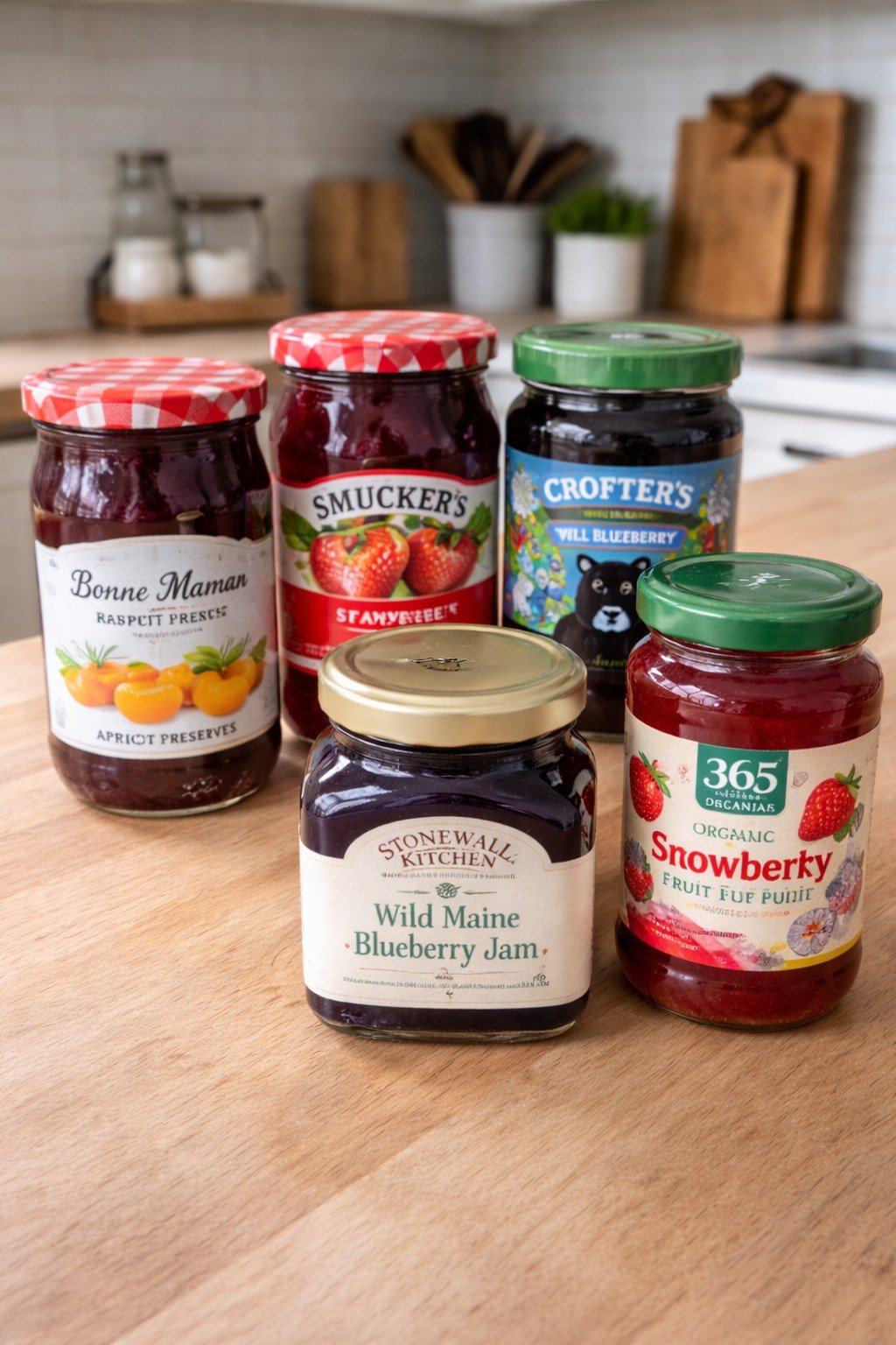 Homemade fruit jams in glass jars